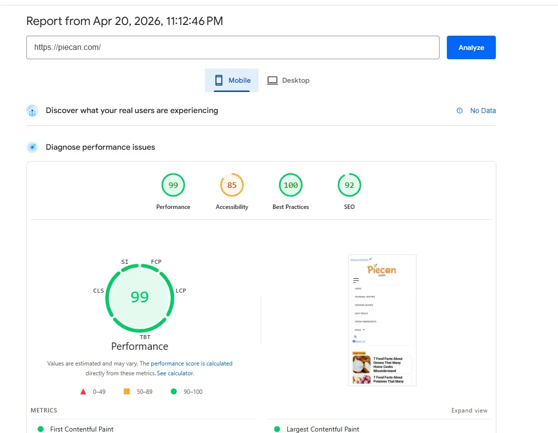 Piecan Mobile speed report